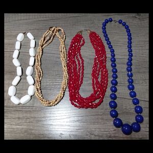 Vintage Set of Four Beaded Necklaces in White, Beige, Red, and Blue